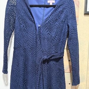 Lilly Pulitzer Tiki Wrap Style Romper Navy Blue Feather Bloom Lace Women's S